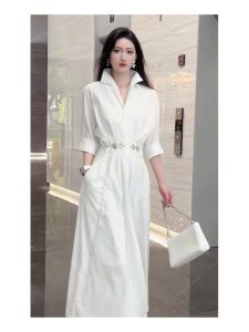 Elegant Ladylike White Shirt Dress Versatile Womens Fashion Autumn Skirt High Cold Style Pure Color Waist Cinched mid Length