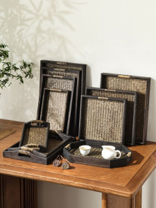 YILI DECO | Vintage Wooden Rattan Tea Tray