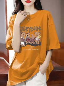 Loose Fit Cotton round Neck Short Sleeve T-Shirt Women Summer New Style European Size plus Size Mid-Length Casual Top