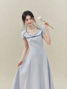 OUYANGXI | Đầm Nữ Cổ Peter Pan Nơ Xanh Tay Ngắn Ôm Eo