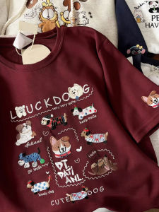 Áo Thun Cotton in Hình Chó Cổ Điển Mỹ Cổ Tròn Tay Ngắn Thường Ngày Mùa Hè Cho Nữ