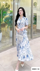 Váy Liền Thân MDU5110 Chất Lụa Mango Cao Cấp Phối Cổ V Và Tay Lửng Cùng Peplum Tôn Eo Từ MDU