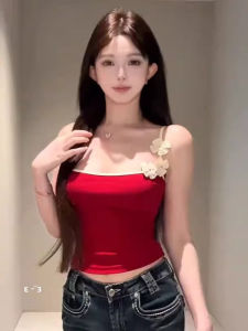 chaqi | Elegant Floral 3D Print Slim Fit Short Tank Top Womens Summer Thin Strap Vest Red Color Commute Style Regular Length Pure Color