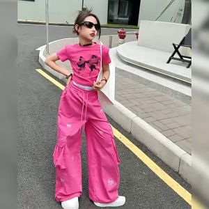 New Korean Style Cargo Pants For Kids Girl 7-15yrs 4 Multi-pockets Street Style Jogging Pants Bow Embroidery Design Wild-Leg Pants Baggy Pants Causal Pants For Kids Girl