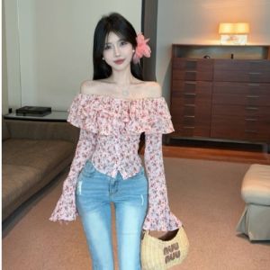 GUZILIAN | French Elegant Slim Fit Floral Shirt Womens One Shoulder Bell Sleeve Long Sleeve Beautiful Top Korean Style Commute Style