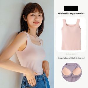 Modal White Strap Vest with Chest Pad Womens One-Piece Square Collar No-Wire Bralette Base Thin Model Underwear Tank Top