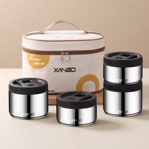 กระป๋องอาหารอบอุ่นแบบมีชั้นหลายชั้นจากสแตนเลส 304 สำหรับนักเรียนและผู้ที่ไปทำงาน พร้อมฝาปิดแบบหมุนได้