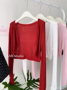 Wine Red Knitted Long Sleeve Cardigan Wool Blend Slim Fit Outerwear Korean Style Commute Spring Autumn Small Shawl