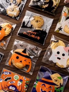 100pcs Christmas Halloween Plastic Self Adhesive Packing Bag Trick or Treat Candy Gift Bag Cookie Pumpkin Food Bag