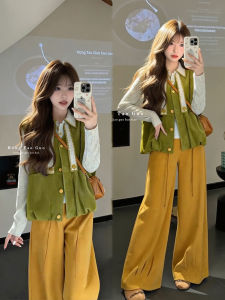 XUECAIQI | Youthful Country Style Mixed Stitching Shirt Vest and Wide-leg Pants Set for Women