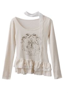 Fall New Vintage Retro Apocalyptic Sweet And Spicy Style Black Mushroom Ruffle Splicing Slimming Print Base Shirt Womens T-shirt