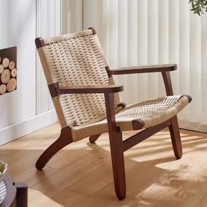 Rattan Woven Solid Wood Chair Leisure Sofa Chair Backrest Lazy Chair Japanese Wabi Sabi Style Living Room Balcony Single Person