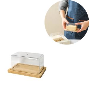 ​Nordic Modern Bamboo Butter Dish with Clear Acrylic Lid Countertop Kitchen Storage Dustproof Butter Container Box Minimalist