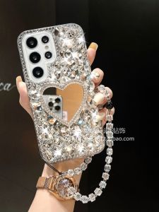 Luxury Diamond Encrusted Full Cover Phone Case for Samsung S23 Ultra Womens Beauty Mirror Stand Protective Shell Anti-Fall