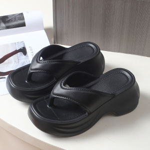 รองเท้าแตะส้นหนาสีกรมท่าสำหรับผู้หญิง รองเท้าแตะชายหาดฤดูร้อน 2025 ใหม่ ส้นสูงเพิ่มขึ้น กันลื่น กันกลิ่น รองเท้าแตะแบบสวมสบาย