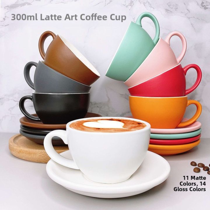 European Style Matte Latte Cup Ceramic Coffee Cup Large Mouth Capuchino Lid Set 300ml Handmade Pure Color Coffee Utensils