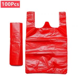 100Pcs Red Plastic Bag Supermarket Grocery Gift Shopping Bag Thicken with Handle Vest Bag Kitchen Storage Clean Garbage Bag