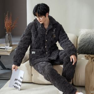 miiow | Thickened Flannel Sleepwear Mens Winter Style Coral Fleece Lined Home Clothes Long Sleeve Stand Collar Polyester Fiber Youth Casual