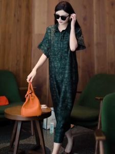 Summer New Polo Collar Silk Dress Womens Loose Lightweight Breathable Printed  Silk Skirt Elegant Atmosphere Wide Waist Composite Fabric H Version mid Length a Line Skirt