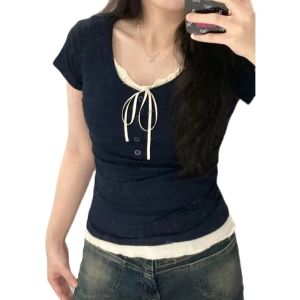 Áo Thun Tay Ngắn Ôm Vừa Vặn Cổ Chữ U Màu Xanh Lam Modal Cho Nữ Mùa Hè Pure Desire Ngắn Thắt Nút BM Nhỏ