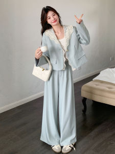 Blue Lace Splicing Suit Set Womens Autumn New Arrival Casual Style High Waist Wide Leg Pants Two Pieces Set with Hat