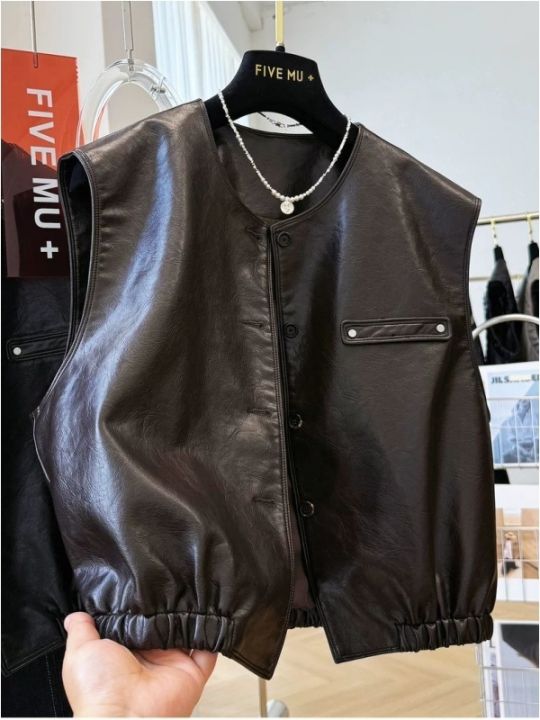 PAZHAOLANG | Áo Gile Da PU Phong Cách Moto Mỹ cho Nam và Nữ có Dải Nếp ...