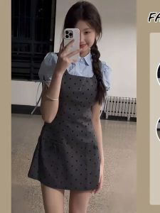 Summer New Style Womens French Soft Two-Piece Dress Slimming Waist Polo Collar A-Line Skirt Short Sleeve Tea Break Dress