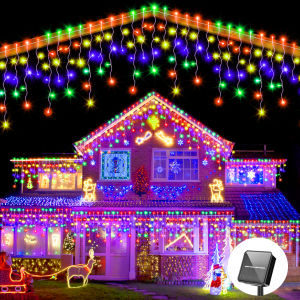 Solar Curtain Icicle Lights Christmas Lights Outdoor Waterproof Eaves Decor String Lights for Yard Party Holiday Decorations