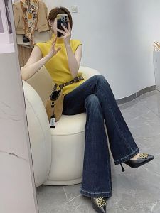Elegant Yellow Knitted Suit Set for Women Commute Fashion Casual High Waist Straight Leg Pants round Neck Long Sleeve Shirt