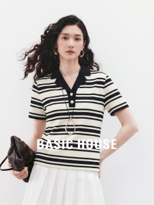 Basic House | Colorblock Striped Notch Collar Slim Waist Short Sleeve T-Shirt Women