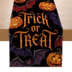 VIKAMA 2/4/6pcs Halloween Table Runner Black Cat Ghost Pumpkin Bat Linen Table Flag Halloween Party Home Desktop Decoration