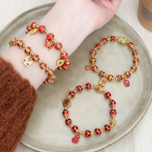 Red Festive Ancient Copper Golden Elastic Beaded Bracelet Temple Cultural Creative Gourd Butterfly Hand Cord Fashion Jewelry