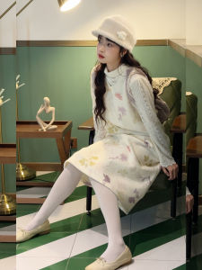 Original Vintage ลายดอก ขนสัตว์ เสื้อกั๊ก เดรส หวาน สไตล์ หลวม รุ่นเลียนแบบผ้าแคชเมียร์ความยาวกลางสําหรับ 18-24 ปี