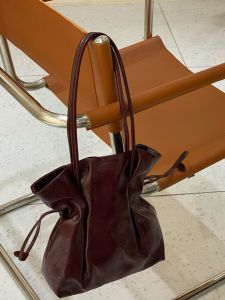 Fashionable Top Layer Cowhide Leather Handbag Womens Underarm Bag Drawstring Good Luck Bag High End Sensation Single Shoulder Bag