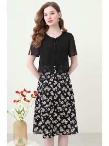 ชุดเดรสผ้าชีฟองพิมพ์ลายดอกเดซี่สีดำ ทรงเอ เอวกลาง แขนสั้น กระโปรงทรงเอ ชุดทำงานฤดูร้อน แฟชั่น กระชับสัดส่วน ชุดสองชิ้นปลอม