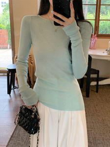 Mint Wave One Shoulder Soft Long Sleeve Knitted Shirt Women Early Autumn Slim Inner Wear Base Shirt Top Korean Style Regular Fit