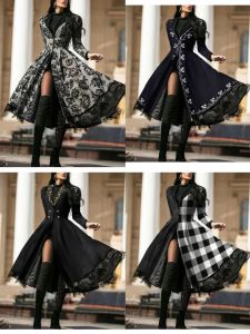 Autumn Winter Plaid Lace Splicing Coat Large Size Retro Long Waist-Cinching Skirt Design Windbreaker Business Casual Style