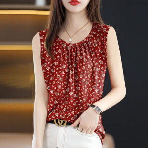 High-End Pleated Womens Vest Summer Sleeveless Base Shirt New Inner Wear Outer Wear Print Belly Covering Trendy Womens Fashion