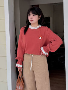 plus Size Womens Base T-Shirt Spring New Style 220 Pounds Cute Flirty Slimming Lace Trim Long Sleeve round Neck Regular Fit