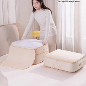 กระเป๋าใส่ผ้าห่มแบบอัดได้ความจุขนาดใหญ่ ป้องกันฝุ่นและชื้น ผ้าฝ้าย ผ้าขนสัตว์ กระเป๋าใส่เสื้อผ้าสำหรับใส่เสื้อผ้าในตู้เสื้อผ้า