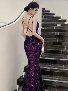 Đầm Hở Lưng Lớn Gợi Cảm Đính Sequin Cao Cấp Ôm Sát Cơ Thể Váy Đuôi Cá Dài Đến Sàn Cho Tiệc Sinh Nhật Mùa Hè