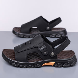 Mens Leather Sandals Summer Anti-Slip Wear-Resistant Outdoor Fishing Driving Casual Two-Way Wear Soft Bottom Beach Shoes