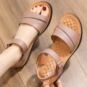 SHIPAILUO | Comfortable Soft Bottom Real Leather Sandals For Mom Summer New Style Flat Bottom Women Shoes Large Size Middle-Aged And Elderly