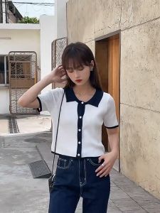 Polo Collar Knitted Blouse Womens Summer Ice Silk All-match Retro Short-sleeved T-shirt