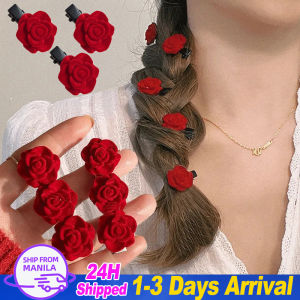 4PCS Red Velvet Rose Flower Hairpins for Girls Women Retro Flocked Elegant Hair Clip Wedding Hair Accessories