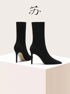 เซ็กซี่ สลิมฟิต รองเท้าบูทรองเท้าส้นสูง ยืดได้ ผ้าหนังแกะด้านในรองเท้าส้นสูงพิเศษมากกว่า 8 ซม. ฤดูหนาว รองเท้าบูทแฟชั่นสําหรับหญิงสาว