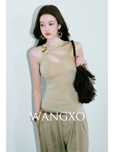WANGXO | Shiny Soft Texture Asymmetric Hollow Sleeveless Knit Vest