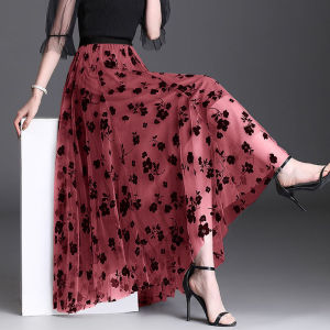 Spring Summer Floral Fairy Skirt Velvet New Style Pleated A-Line Midi High Waist Slimming Mesh Skirt Elegant Casual Polyester Fiber