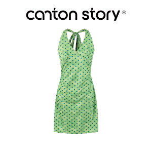 Cantonstory | Đầm Ngắn Ôm Body Không Tay Quai Vòng Cổ Có Chấm Xanh