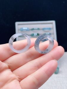 Natural A- Level Jade Ice-like Black Chicken Square Ring Couples Ring Floating Flowers Characteristic Artistic Conception Straight Cut Ring Shank